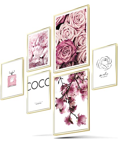 BLCKART Infinity Premium Poster Set COCO Edle Doppelseitige Magnolien Rosen Bilder Home Deko | 2x A3 | 4x A4 | ohne Rahmen (COCO FLORAL ROSE PINK | 6er, Ohne Rahmen) von BLCKART