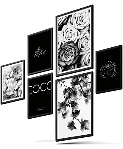 BLCKART Infinity Premium Poster Set COCO Floral Edle Doppelseitige Bilder Schlafzimmer Deko | 2x A3 | 4x A4 (COCO FLORAL BLACK & WHITE | 6er, Ohne Rahmen) von BLCKART