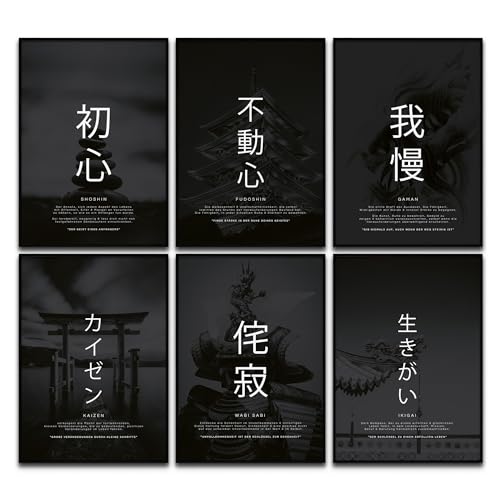 BLCKART Japanische Lebensphilosophien Poster Set Kaizen Wanddeko Inspirierende Bilder Ikigai Schlafzimmer Deko Schwarz Wohnzimmer Dekoration Homeoffice Motivationsbilder (6x A4 | Ohne Rahmen) von BLCKART