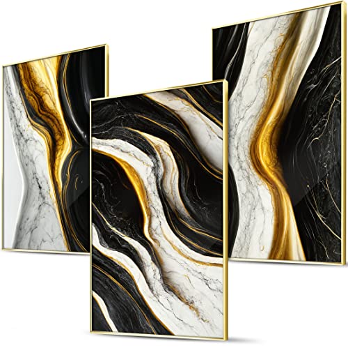 BLCKART Marmor Flow Große Wandbilder Wohnzimmer - 3x 50x70cm - Abstrakte Schwarz Weiß Gold Bilder Schlafzimmer Deko XL Poster Set Groß von BLCKART