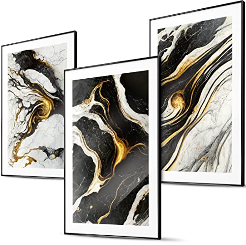 BLCKART Marmor Gold Große Wandbilder Wohnzimmer - 3x 50x70cm - Abstrakte Schwarz Weiß Gold Bilder Schlafzimmer Deko XL Poster Set Groß Ungerahmt von BLCKART