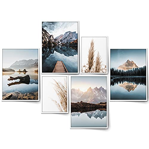BLCKART Paradise Mountain Bilder Set Stilvolle Beidseitige Berge Bilderwand Natur Landschaft Wohnzimmer Deko Poster (L | 4x A3 | 2x A4 | Holzrahmen (weiß), Paradise Mountain) von BLCKART