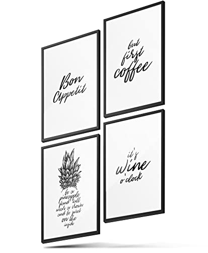 BLCKART Premium Küchen Poster Bilder Set Stilvolle Küche Wandbilder mit Sprüchen Esszimmer Poster Deko (Wine Coffee & Pineapple, A4 (ohne Rahmen)) von BLCKART