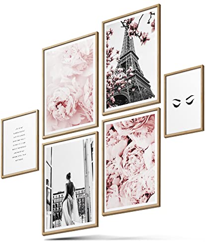 BLCKART Rose Paris Bilder Set Stilvolle Beidseitige Rosa Bilderwand Natur Blumen Wohnzimmer Deko Poster (L | 4x A3 | 2x A4 | ohne Rahmen, Rose Paris) von BLCKART