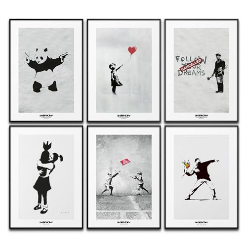 Banksy Poster Set Kunst Wanddeko Moderne Bilder Schlafzimmer Deko Wohnzimmer Dekoration Homeoffice Kunstbilder Gemälde (6x A4 | Ohne Rahmen) von BLCKART