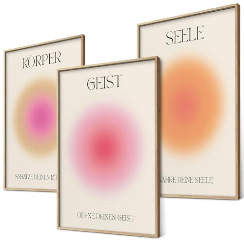 Geist Körper Seele Yoga Poster Set Achtsamkeit Aura Farben Wanddeko Inspirierende Bilder Mindfulness Schlafzimmer Deko Wohnzimmer Dekoration Homeoffice Achtsamkeitsposter (3x A3 | Ohne Rahmen) von BLCKART