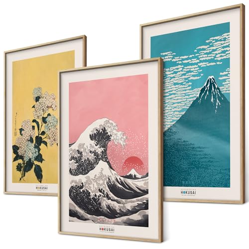 Hokusai Poster Set Japanische Wanddeko Japan Kunst Bilder Schlafzimmer Deko Wohnzimmer Dekoration Eklektische Gemälde (3x A4 | Ohne Rahmen) von BLCKART