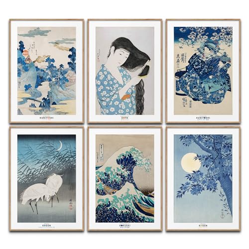 Japan Kunst Poster Set Japanische Wanddeko Koson Bilder Schlafzimmer Hokusai Deko Wohnzimmer Dekoration Eklektische Gemälde (6x A4 | Ohne Rahmen) von BLCKART