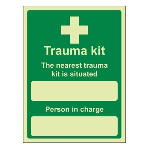 Bleedsave Selbstklebendes Vinyl-Sicherheitsschild "The Nearest Trauma Kit Is Situated", Hochformat, 200 x 300 mm, leuchtet im Dunkeln von BLEEDSAVE