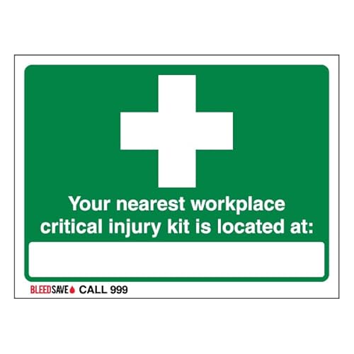Bleedsave Sicherheitsschild "The Nearest Workplace Critical Injury Kit Is Located - Call 999", 200 x 150 mm, 1 mm, Hartplastikschild Bleedsave Sicherheitsschild "The Nearest Workplace Critical Injury Kit Is Located - Call 999", 200 x 150 mm, 1 mm, Hartplastikschild von BLEEDSAVE