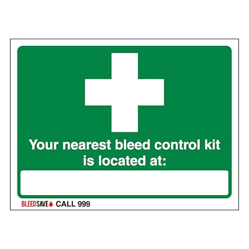 V Safety The Nearest Bleed Control Kit Is Located - Call 999, 200 x 150 mm, selbstklebendes Vinyl, Aluminium-Effekt, Sicherheitsschild von BLEEDSAVE