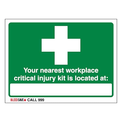 V Safety The Nearest Workplace Critical Injury Kit Is Located - Call 999 200 x 150 mm – selbstklebendes Vinyl – Sicherheitsschild in Aluminiumoptik von BLEEDSAVE