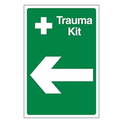 V Safety Trauma Kit Pfeil links, 300 x 400 mm, selbstklebendes Vinyl – Sicherheitsschild in Aluminiumoptik von BLEEDSAVE