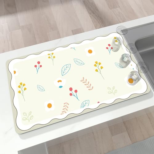 Abtropfmatte für Küchentheke, 30,5 x 50,8 cm, saugfähige Kaffee-Bar-Matte, Gummi-Rückseite, leicht zu reinigen, Abtropfmatte für Geschirr, Utensilien, Arbeitsplatten, niedliche Blume von BLESWIN
