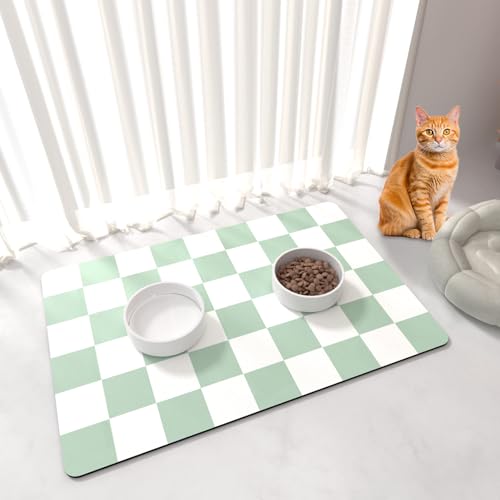 BLESWIN Karierte Hunde-Katzen-Futtermatte, 42 x 71CM Große Hundefuttermatten, Saugfähige Haustier-Futtermatte für Futter- und Wassernapf, Kariertes Haustier-Platzset mit Gummiunterlage, Grün & Weiß von BLESWIN