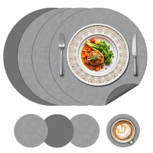 Runde Tischsets und Untersetzer-Sets 4 - wasserdichte Ledertischsets für den Essbereich, doppelseitige abwaschbare Platzsets für Küche/Außenbereich, ideal für Haus & Restaurant Runde Tischsets und Untersetzer-Sets 4 - wasserdichte Ledertischsets für den Essbereich, doppelseitige abwaschbare Platzsets für Küche/Außenbereich, ideal für Haus & Restaurant von BLESWIN