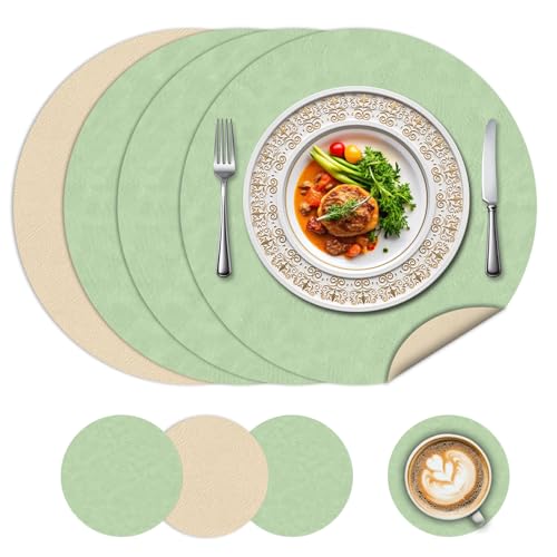 Runde Tischsets und Untersetzer-Sets 4 - wasserdichte Ledertischsets für den Essbereich, doppelseitige abwaschbare Platzsets für Küche/Außenbereich, ideal für Haus & Restaurant Runde Tischsets und Untersetzer-Sets 4 - wasserdichte Ledertischsets für den Essbereich, doppelseitige abwaschbare Platzsets für Küche/Außenbereich, ideal für Haus & Restaurant von BLESWIN