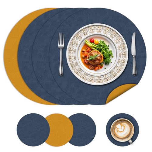 Runde Tischsets und Untersetzer-Sets 4 - wasserdichte Ledertischsets für den Essbereich, doppelseitige abwaschbare Platzsets für Küche/Außenbereich, ideal für Haus & Restaurant Runde Tischsets und Untersetzer-Sets 4 - wasserdichte Ledertischsets für den Essbereich, doppelseitige abwaschbare Platzsets für Küche/Außenbereich, ideal für Haus & Restaurant von BLESWIN