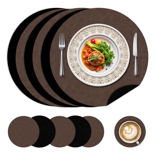 Runde Tischsets und Untersetzer-Sets 6 - wasserdichte Ledertischsets für den Essbereich, doppelseitige abwaschbare Platzsets für Küche/Außenbereich, ideal für Haus & Restaurant Runde Tischsets und Untersetzer-Sets 6 - wasserdichte Ledertischsets für den Essbereich, doppelseitige abwaschbare Platzsets für Küche/Außenbereich, ideal für Haus & Restaurant von BLESWIN
