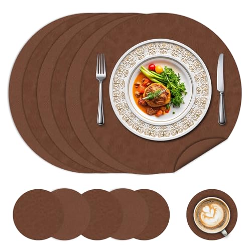 Runde Tischsets und Untersetzer-Sets 6 - wasserdichte Ledertischsets für den Essbereich, doppelseitige abwaschbare Platzsets für Küche/Außenbereich, ideal für Haus & Restaurant Runde Tischsets und Untersetzer-Sets 6 - wasserdichte Ledertischsets für den Essbereich, doppelseitige abwaschbare Platzsets für Küche/Außenbereich, ideal für Haus & Restaurant von BLESWIN