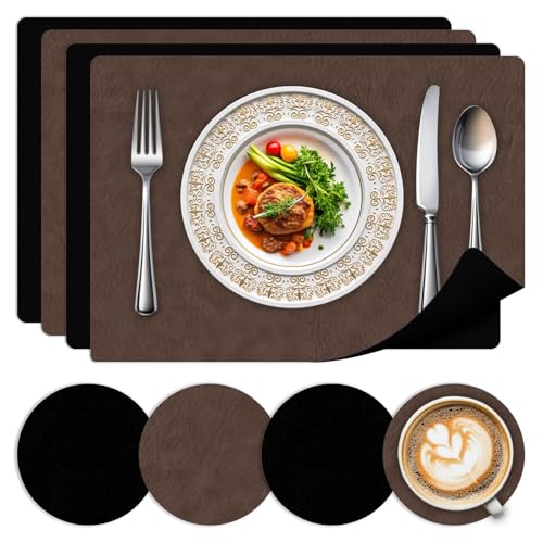 Tischsets Abwaschbar 4er Set-Hitzebeständige Platzset Abwischbar,Doppelseitiges Lederoptik Platzdeckchen Mit Untersetzer Für Küche, Haus, Restaurant,Black+Brown von BLESWIN