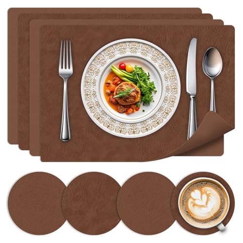 Tischsets Abwaschbar 4er Set-Hitzebeständige Platzset Abwischbar,Doppelseitiges Lederoptik Platzdeckchen Mit Untersetzer Für Küche, Haus, Restaurant,Brown von BLESWIN