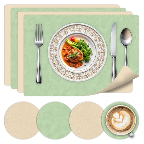 Tischsets Abwaschbar 4er Set-Hitzebeständige Platzset Abwischbar,Doppelseitiges Lederoptik Platzdeckchen Mit Untersetzer Für Küche, Haus, Restaurant,Grün+Beige Tischsets Abwaschbar 4er Set-Hitzebeständige Platzset Abwischbar,Doppelseitiges Lederoptik Platzdeckchen Mit Untersetzer Für Küche, Haus, Restaurant,Grün+Beige von BLESWIN