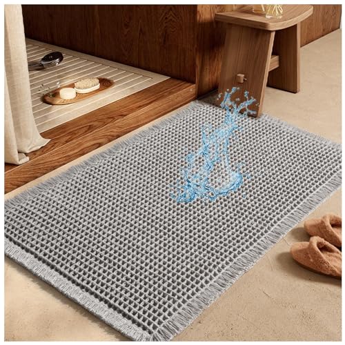 BLGVGKLPNT Badematte mit Waffelmuster, Waffle Badteppich - Badezimmerteppich mit rutschhemmender Rückseite,saugfähige Badematte, extra weich, maschinenwaschbar (Grau,61x92cm (24x36in)) von BLGVGKLPNT