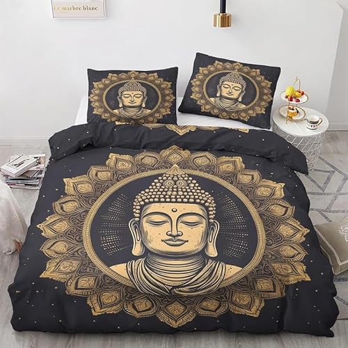 Schwarz Bettwäsche 135x200 Buddha-Figur - Zen Bettbezug 135 x 200 2er Set, Wendebettwäsche und Kissenbezug 80x80, Weiche & Angenehme Mikrofaser Bettwäsche-Sets mit Reißverschluss von BLHL