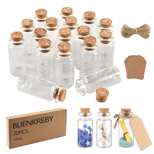 BLIENKREBY 10ML x 20 Mini Glasflaschen mit Korken, Reagenzglas mit Korken, Kleine Glasflaschen zum Befüllen mit Hängeetiketten Zwirn, für Hochzeit Party Zubehör Dekorationen Geschenke Gewürzgläser von BLIENKREBY