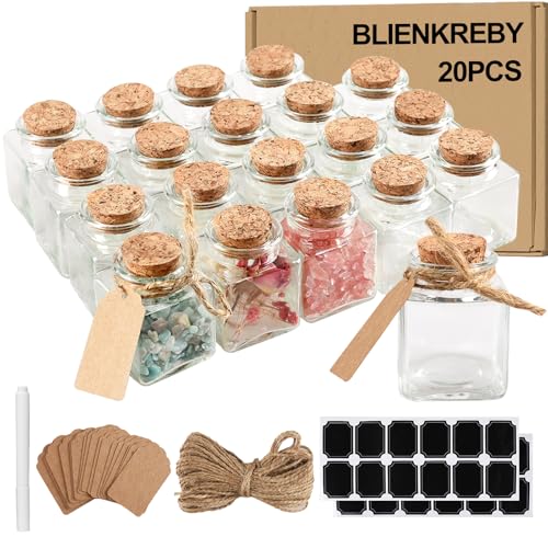 BLIENKREBY 20 Stück Mini Glasflaschen mit Korken - 50ml, Reagenzglas mit Korken, Quadratisch Kleine Glasflaschen zum Befüllen mit Etiketten und Schnur, für Hochzeitsgeschenke, Party, Taufe, Candy Bar von BLIENKREBY