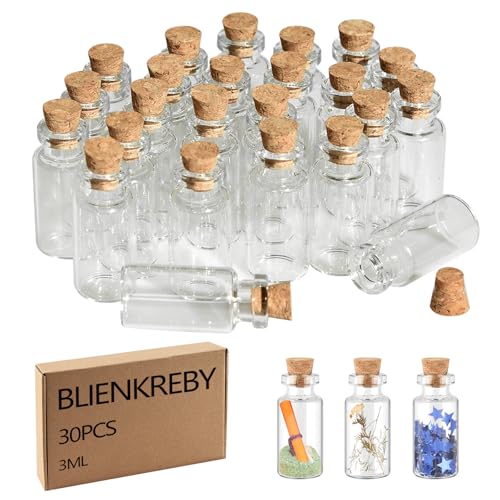 BLIENKREBY 30 x 3ML Mini Glasflaschen mit Korken, Reagenzglas mit Korken Glas, Kleine Glasflaschen zum Befüllen mit Hängeetiketten Zwirn, für Hochzeit Party Zubehör Dekorationen Geschenke Gewürzgläser von BLIENKREBY