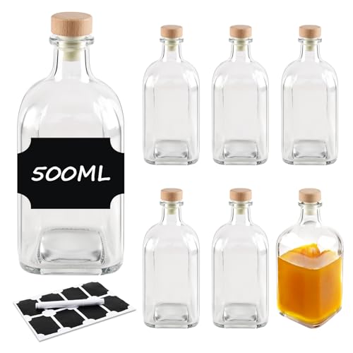 BLIENKREBY 6x Glasflaschen 500 ml mit Korken, Ingwer Shot Flaschen mit Deckel, Mehrweg Shot Flaschen zum Befüllen, 8 Schwarze Etiketten mit Stift, für Saft, Smoothie, ginger, Whiskey und Gewürze von BLIENKREBY