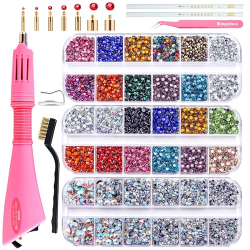 Blinginbox Hotfix Strass Setter, Hot Fix Applikator Werkzeug Bedazzler Kit mit Strasssteinen, Kit, Hot Fixed Wand für Kleidung Kleidung Stoff Handwerk, 6000 Stück, AB Kristall, klar, 7 Spitzen Größen Blinginbox Hotfix Strass Setter, Hot Fix Applikator Werkzeug Bedazzler Kit mit Strasssteinen, Kit, Hot Fixed Wand für Kleidung Kleidung Stoff Handwerk, 6000 Stück, AB Kristall, klar, 7 Spitzen Größen von BLINGINBOX