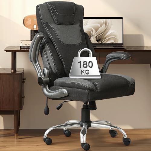 Bürostuhl Ergonomisch,Stoff Schreibtischstuhl,Chefsessel mit verstellbarer Lordosenstütze,extra breitem Sitz,hochklappbaren Armlehnen und hoher Rückenlehne,180KG Belastbarer Computerstuhl,Schwarzgrau von BLISNEST