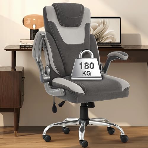 Bürostuhl Ergonomisch,Stoff Schreibtischstuhl,Chefsessel mit verstellbarer Lordosenstütze,extra breitem Sitz,hochklappbaren Armlehnen und hoher Rückenlehne,180KG Belastbarer Computerstuhl,Hellgrau von BLISNEST