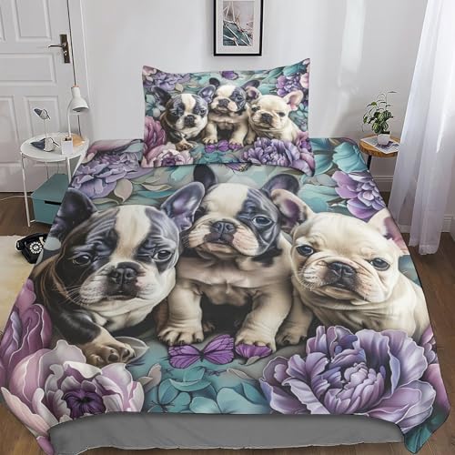 BLISSCOZY Französische Bulldogge Welpen Bettwäsche-Set 3 Teilig 3D-Druck Malen Bettbezug Mit Reißverschluss Mikrofaser Kinder Bettbezüge Mit Kissenbezug Single（135x200cm） von BLISSCOZY