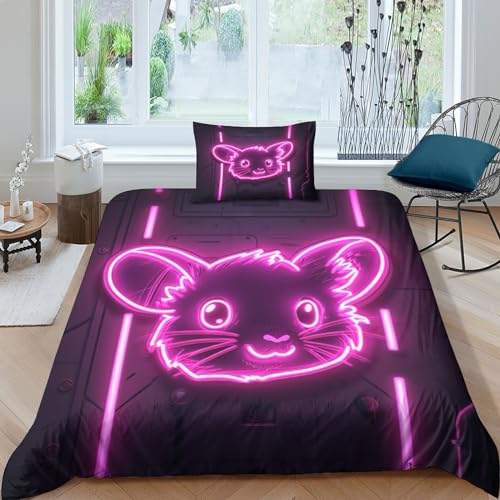 BLISSCOZY Pink Neon Maus 3D-gedruckt Bettwäsche 3 Teilig Bettbezug Mikrofaser Mit Reißverschluss Und Kissenbezug Geeignet Für Kinder, Jugendliche Und Erwachsene Single（135x200cm） von BLISSCOZY