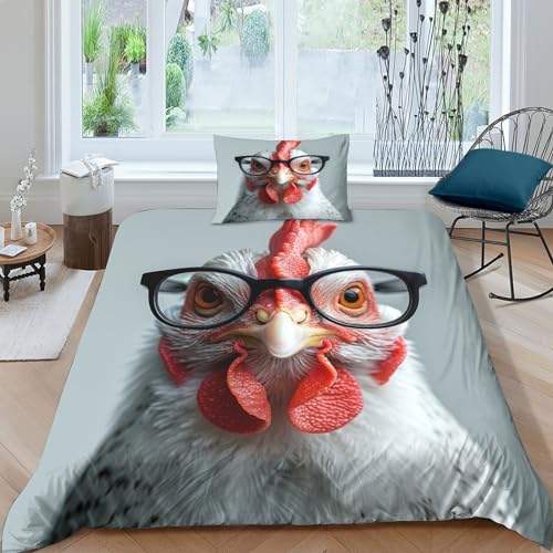 BLISSCOZY Weißes Huhn Bettbezug-Sets,3D Bettwäsche,Kissenbezug,kinderbettwäsche Jungen 3 Teilig Bettbezüge Mikrofaser Single（135x200cm） von BLISSCOZY