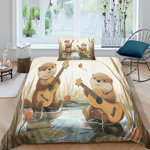 BLISSCOZY Zwei gitarrespielende Otter Bettwäsche 3D Bettbezug Set 3teilig Microfaser Bettwäschegarnitur Mit Reissverschluss Single（135x200cm） von BLISSCOZY