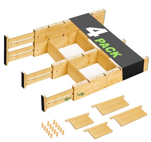 BLISSIQUEE 4er Schubladentrenner Verstellbar Bambus, Stapelbar schubladeneinsatz mit Rutschfesten Silikonpads – Organizer für Schubladen Organizer Küche, Kommode, Büro & Kleiderschrank (42,3–56 cm) von BLISSIQUEE