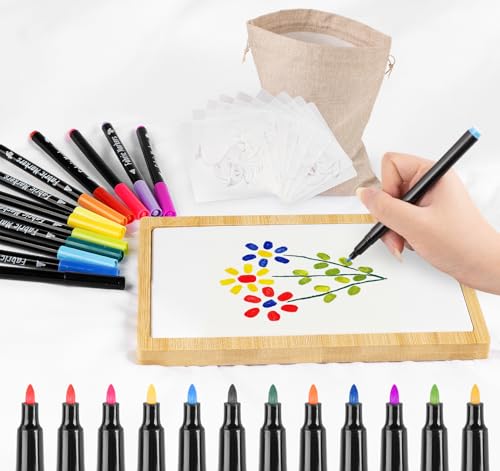 BLISSIQUEE Faltenfreies Bambus Spannrahmen für Textilmalerei -Bemalen Zubehör mit Textilstifte Waschmaschinenfest und 10 Tier-Schablonen - Ideal für T-Shirts, Stofftaschen und DIY-Projekte von BLISSIQUEE