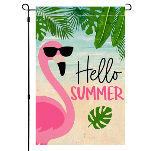BLKWHT Sommer-Flamingo-Gartenflagge, vertikal, doppelseitig, tropische Blätter, Strandurlaub, Außendekoration, Jute, Hofflagge, BW642 von BLKWHT