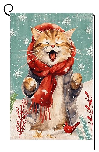 BLKWHT Winter-Katzen-Gartenflagge, 30,5 x 45,7 cm, vertikal, doppelseitig, Schnee, Weihnachten, Urlaub, Außendekorationen, Sackleinen, Hofflagge BW530 von BLKWHT