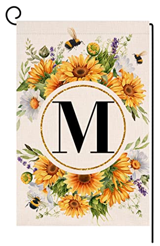 Monogramm Buchstabe M Gartenflagge Sommer Sonnenblume 30,5 x 45,7 cm vertikal doppelseitig Frühling Blumen Biene Außendekorationen kleine Jute Familie Nachname Initiale Yard Flagge von BLKWHT