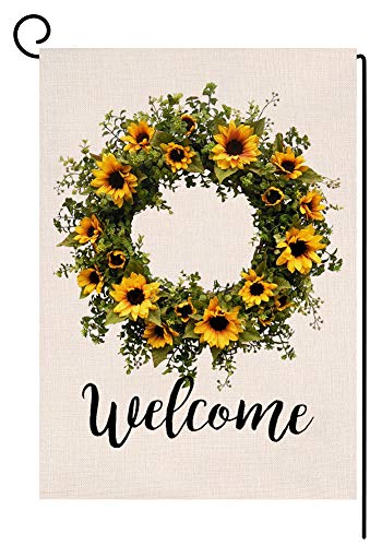 Welcome-Sonnenblumenkranz, kleine Gartenflagge, vertikal, doppelseitig, 31,8 x 45,7 cm, Sommer, Bauernhof, Jute, Gartendekoration von BLKWHT