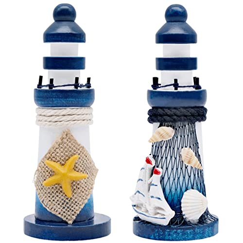 2 Stück Holz Leuchtturm Modell Mini Leuchtturm Deko Maritime Dekoration Fee Garten Ornamente Hochzeit Tischdeko für Badezimmer Kinderzimmer Blumentopf von BLLREMIPSUR