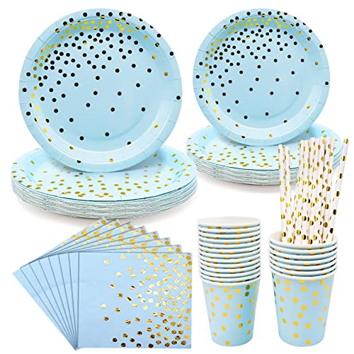 20 Gäste Blau und Gold Partygeschirr, Blau Party Einweggeschirr mit Golden Dot, Pappteller Servietten Becher für Baby shower Boy Geburtstagsfeier Hochzeit Jubiläum Brautdusche von BLLREMIPSUR