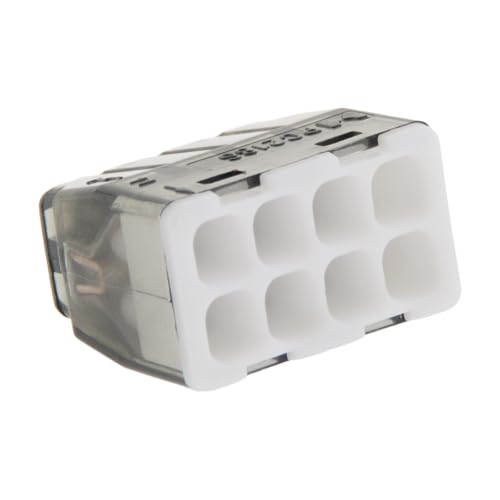 BLM, Schachtel mit 50 Mini Connex Direktsteckklemmen, 8 Eingänge, Drahtkompatibilität 0,2 bis 2,5 mm², Spannung 450 V, Strom 24 A, Abisolierlänge 11 mm, farbcodierte Abdeckungen zur Identifizierung von BLM