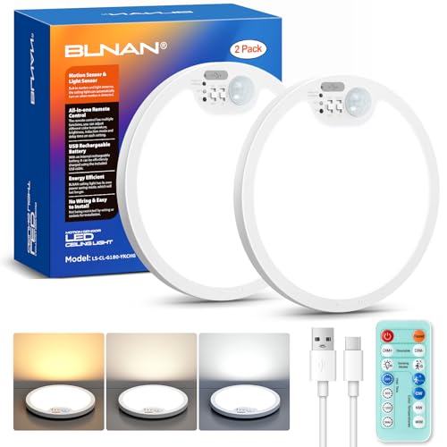 BLNAN 2 Stücke Akku Lampe mit Bewegungsmelder Innen, Aufladbar Deckenlampe mit Bewegungssensor, Dimmbar Deckenleuchte mit Fernbedienung, 3 Farbtemperaturen, Kabellos LED Lampe für Flur Keller Treppe von BLNAN